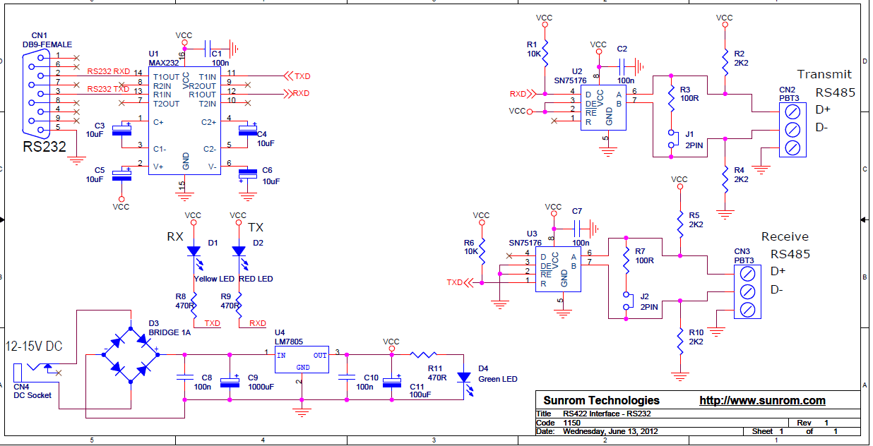 PCB for RS232 to RS485 (Full Duplex) [4567] : Sunrom ... rs485 4 wire connection diagram 
