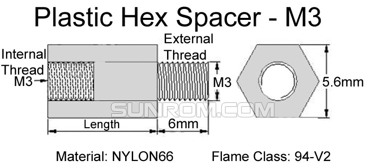 Plastic Hex Spacer M3 Thread x Length 9mm [6256] : Sunrom Electronics